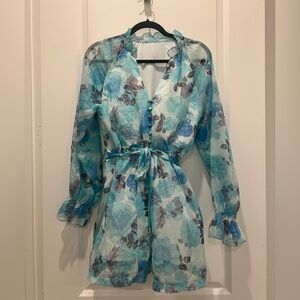 Designer LA Boutique Blue Floral Sheer Romper | Tie Waist | XS–S | NWOT